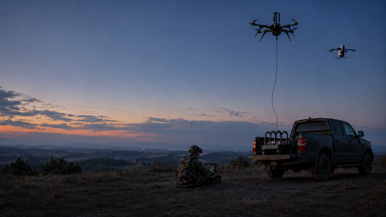 Vectorbirds UAV systems with VECTIS, AERIS Recon S7, TELEVATOR and Ground Control Station Vectorbirds UAV systems with VECTIS, AERIS Recon S7, TELEVATOR, tethered operation, pickup carrier vehicle and operator at the Ground Control Station